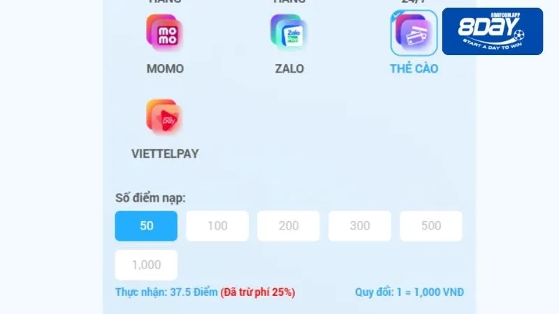 Quy trình nạp tiền trực tuyến vào 8DAY