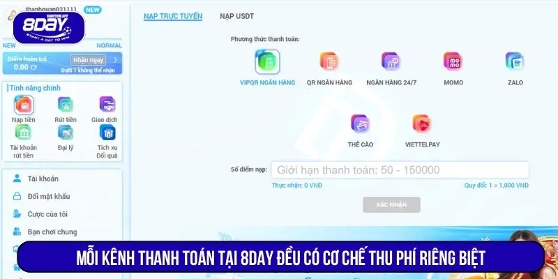 Mỗi kênh thanh toán tại 8DAY đều có cơ chế thu phí riêng biệt